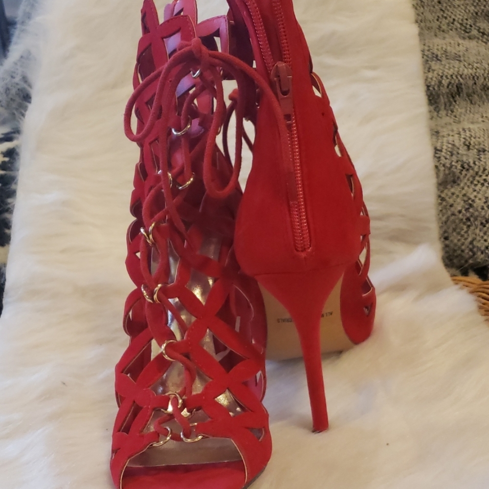 Red lace up heels